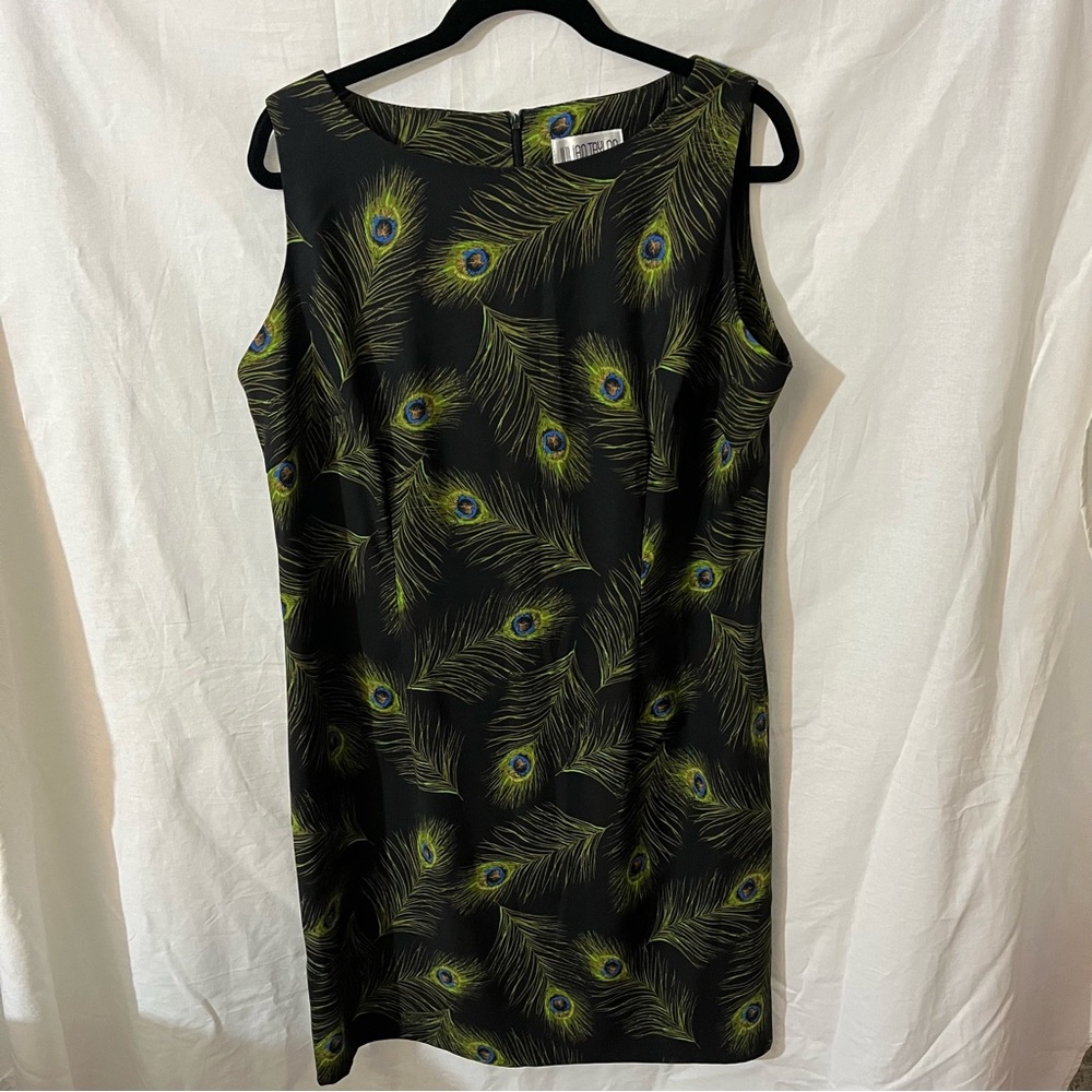 JULIAN TAYLOR DRESS SLEEVELESS PEACOCK FEATHER BLACK ZIP BACK SZ 16